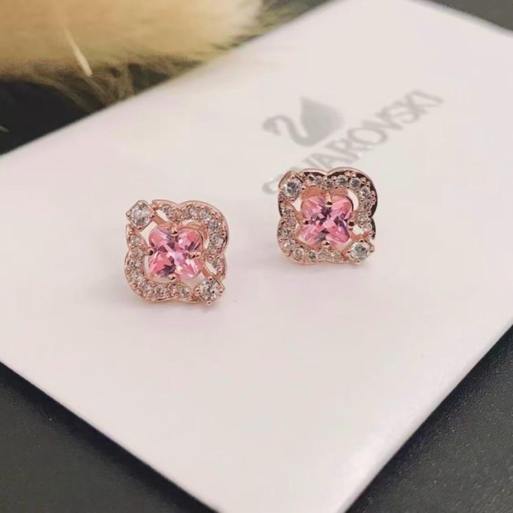 Swarovski‎ Clover Stud Earrings Rose Gold-Tone Plated w/ Pink & White Crystals